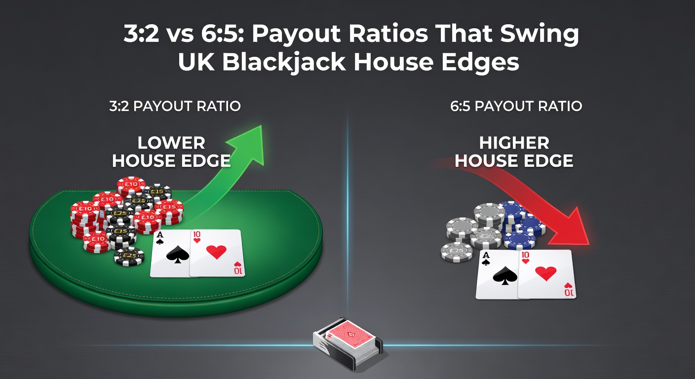 Visual comparison of 3:2 and 6:5 blackjack payout structures showing profit differences on sample bets