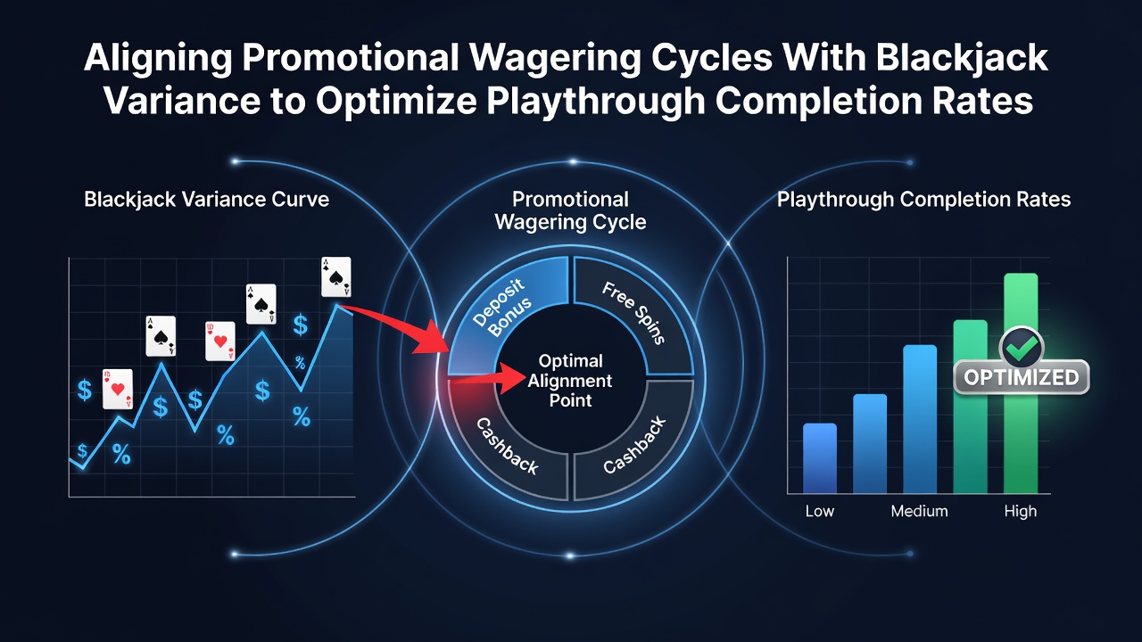 Blackjack table layout with promotional bonus cycle charts overlaid showing variance alignment points