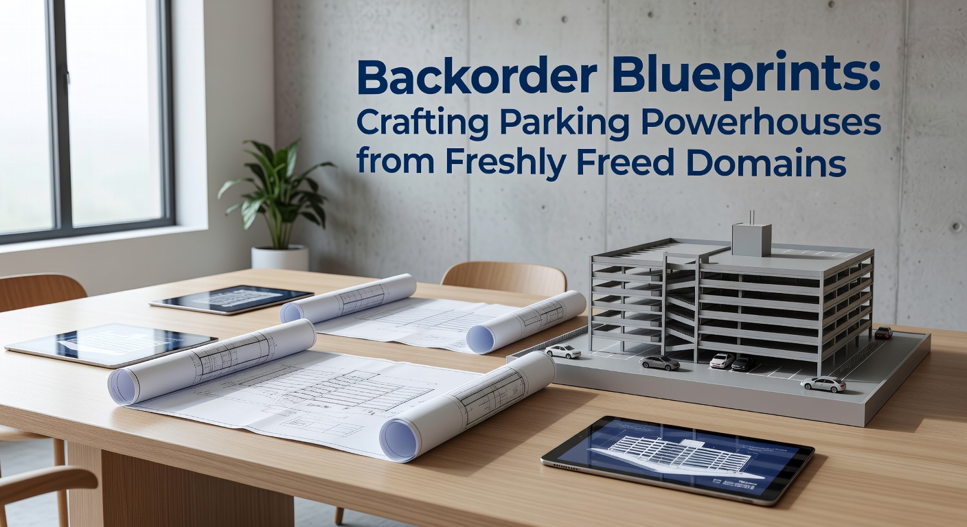 Illustration of a domain blueprint transforming into a revenue-generating parking page with charts and graphs showing upward trends