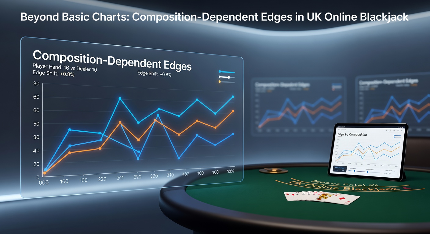 Detailed blackjack strategy chart highlighting composition-dependent deviations from basic strategy, with color-coded cells for specific hand totals against dealer upcards