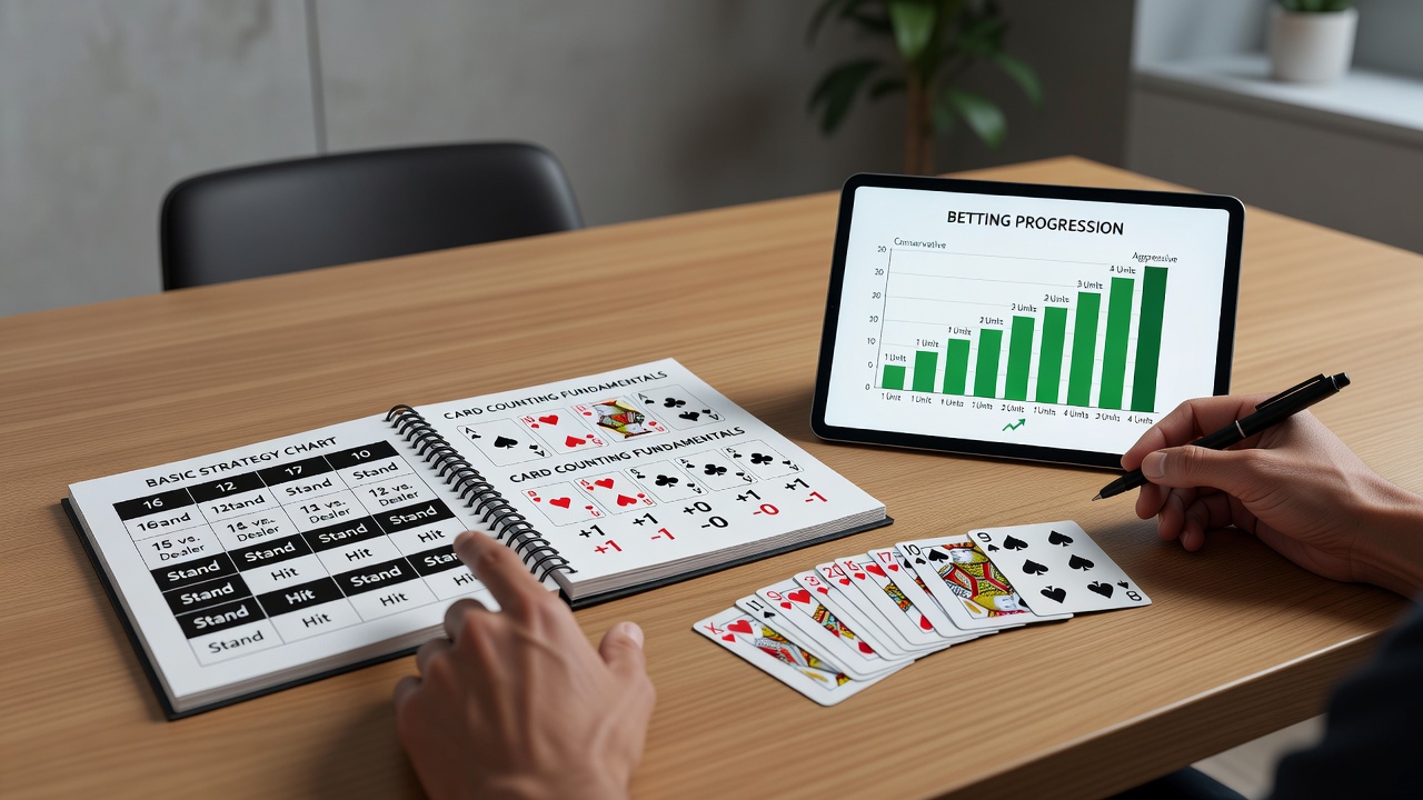 Close-up of blackjack chips and cards illustrating bet sizing during a favorable count