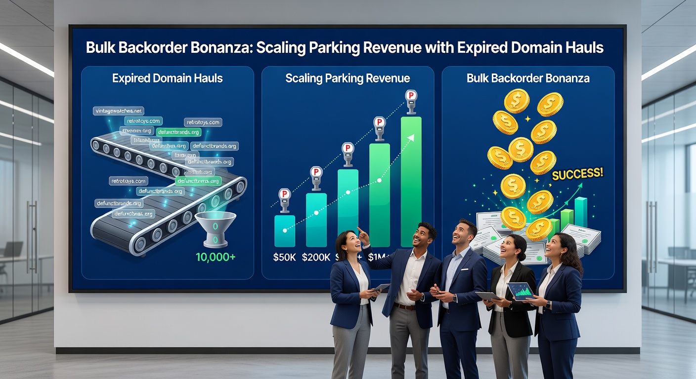 Dashboard screenshot of a bulk domain parking interface displaying revenue metrics, traffic graphs, and portfolio overview for hundreds of domains