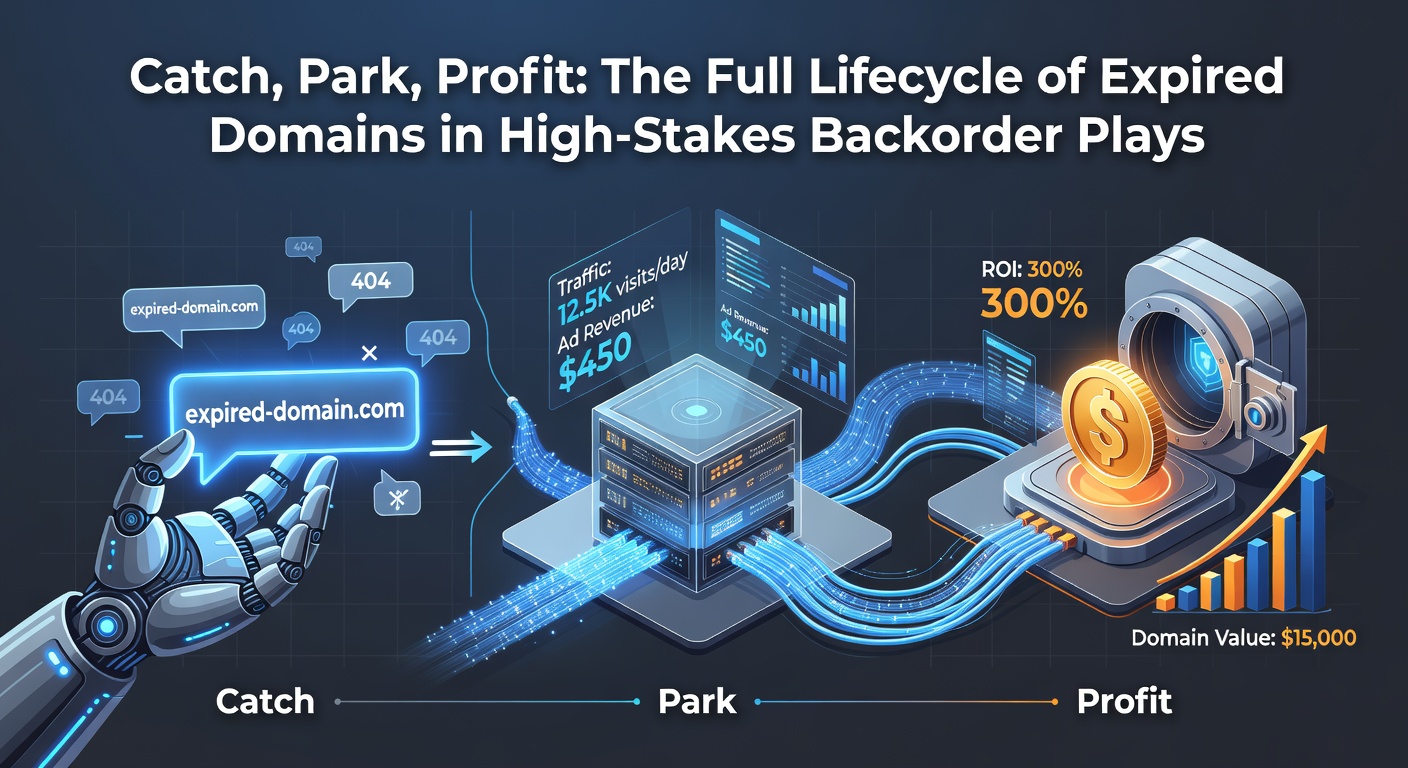 Visual timeline showing the catch, park, and profit stages of an expired domain lifecycle, with arrows connecting expiration to auction, parking pages, and revenue charts