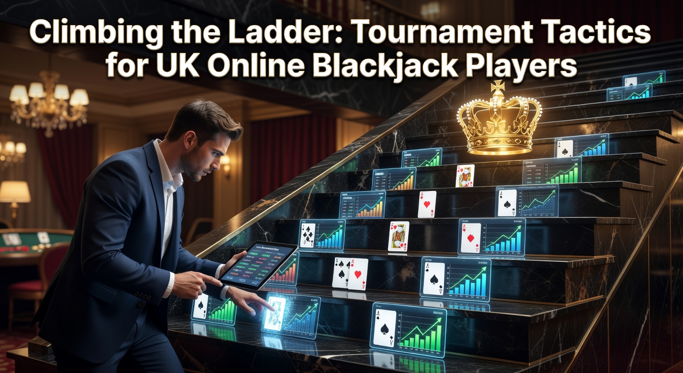 Dynamic graphic of a blackjack tournament ladder where players stack chips to climb ranks amid online casino interfaces