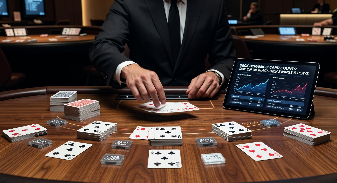 Dynamic visualization of blackjack shoe penetration and running card counts influencing player decisions at UK live tables