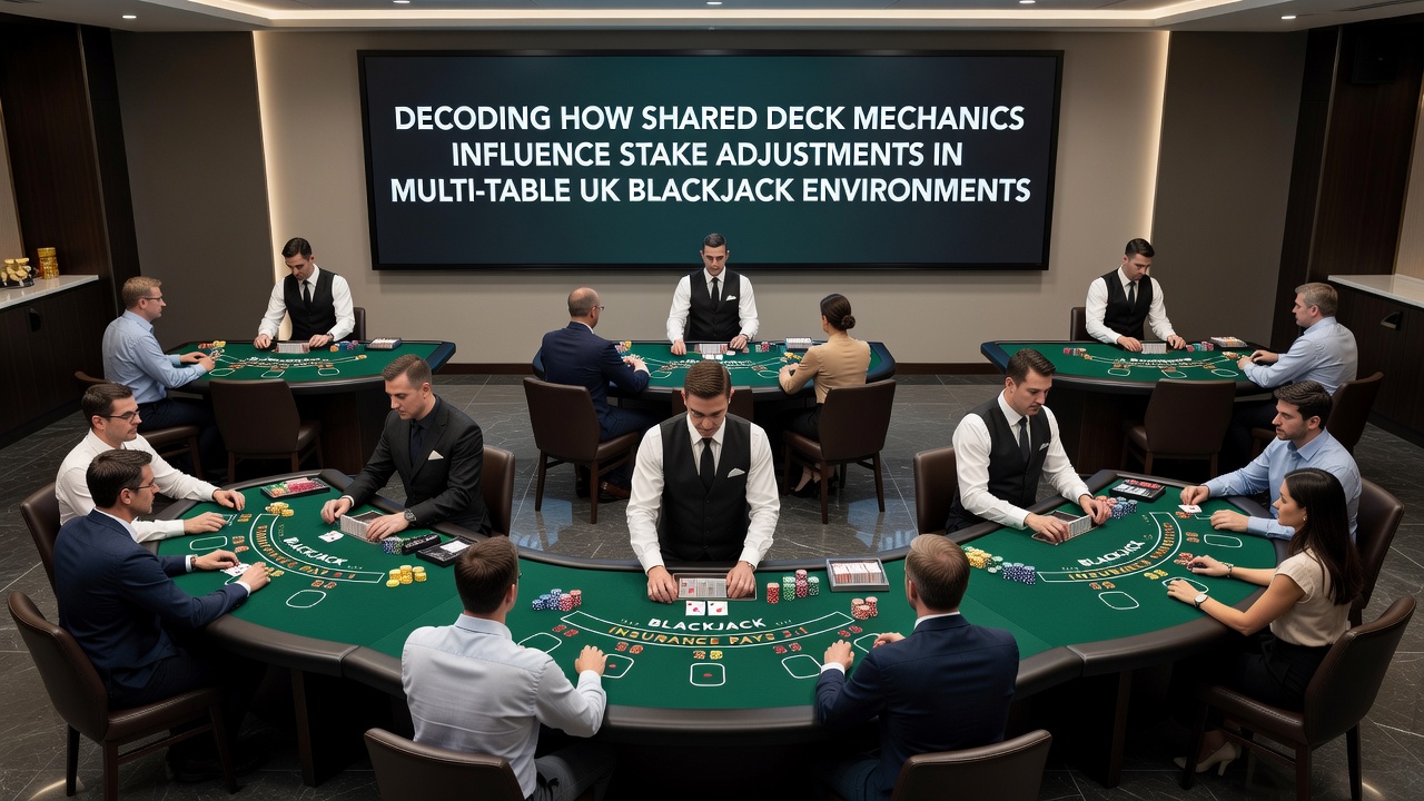 Close-up view of digital displays showing real-time card counts and stake levels across linked UK blackjack tables