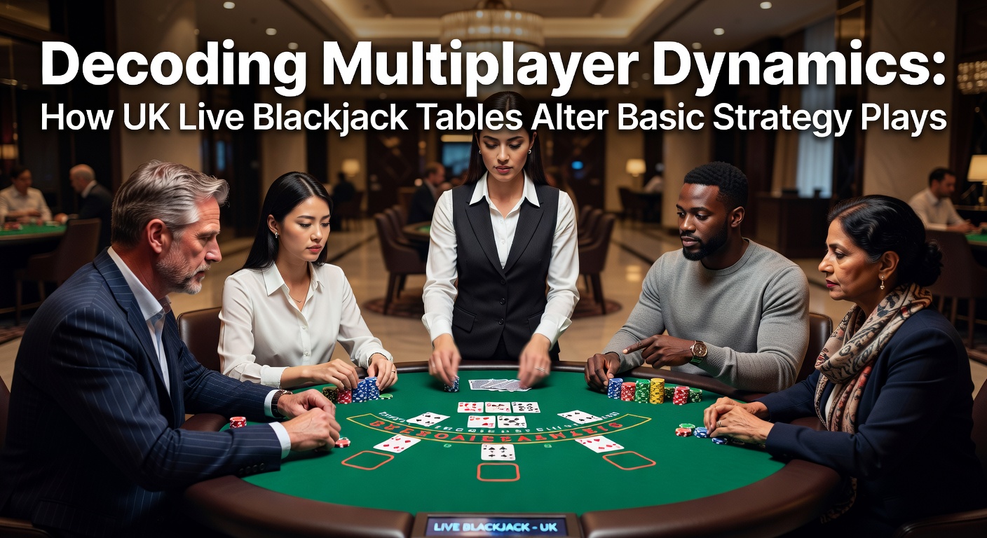 Live dealer at a bustling UK online blackjack table with multiple players visible on screen, cards dealt, and strategy charts overlaid