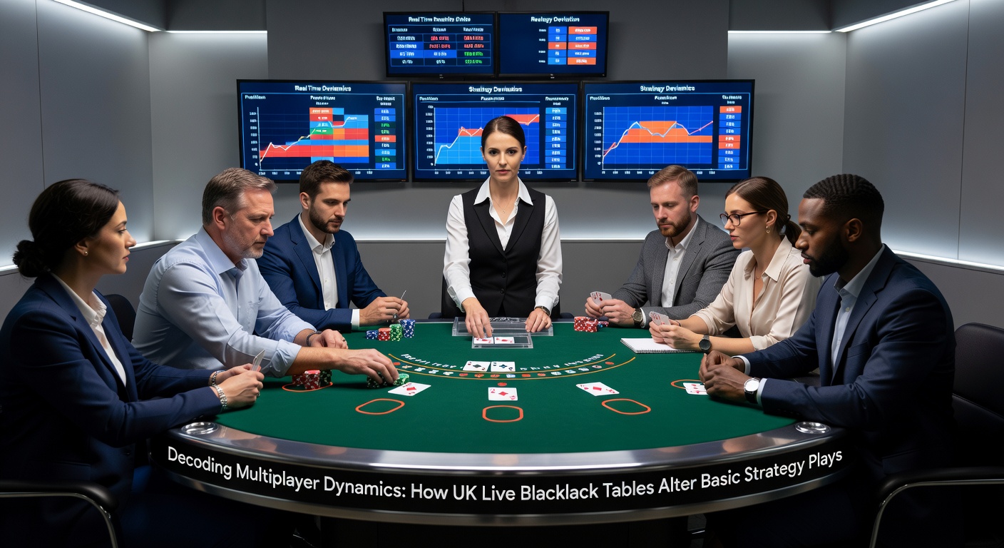 Close-up of a UK live blackjack multiplayer table screen showing split hands from multiple players, dealer peeking, and strategy deviation highlighted