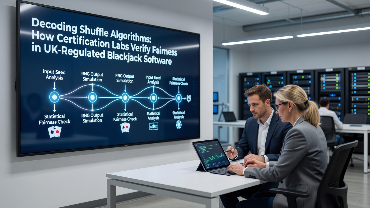 Certification lab technicians reviewing shuffle algorithm test results on multiple monitors in a controlled environment