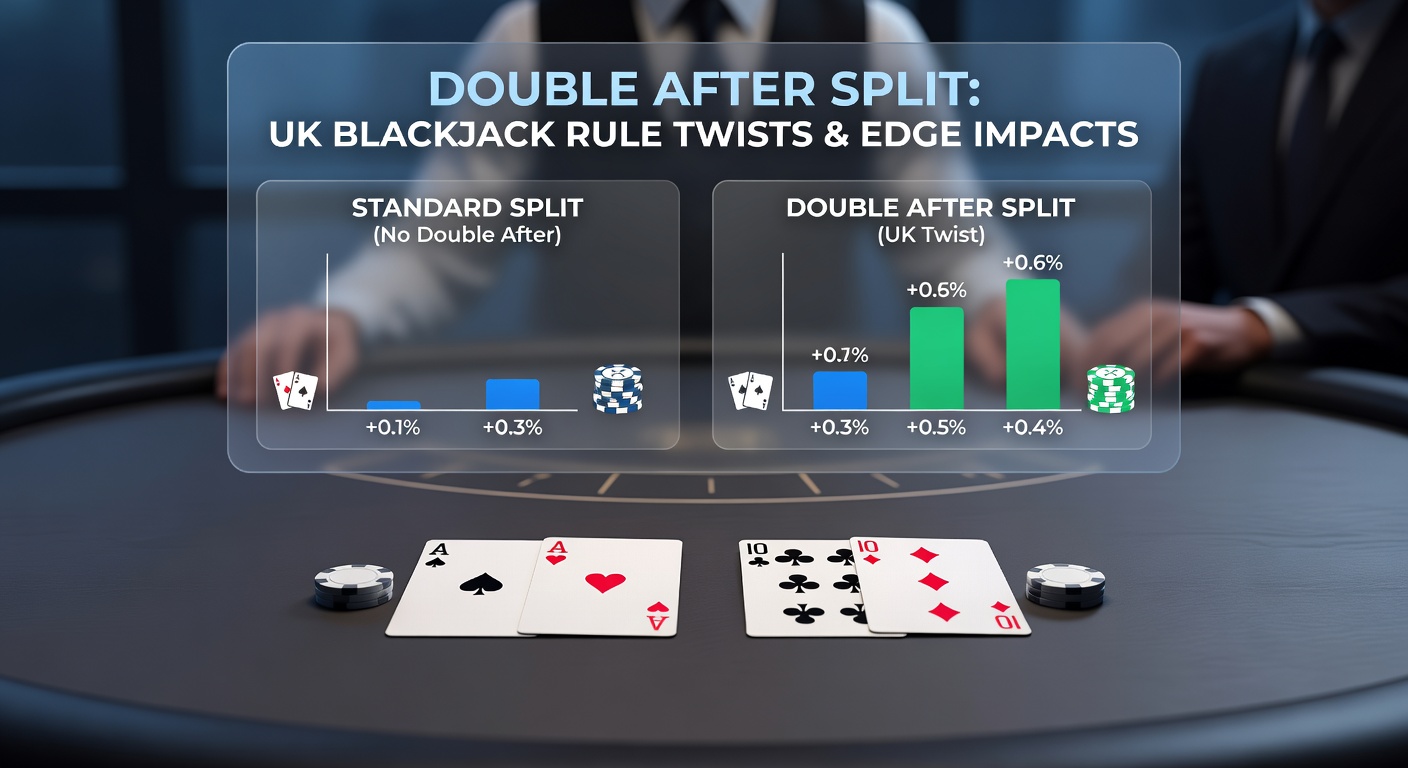 Close-up of a blackjack table showing a player splitting aces and doubling down on one hand, highlighting the double after split rule in action