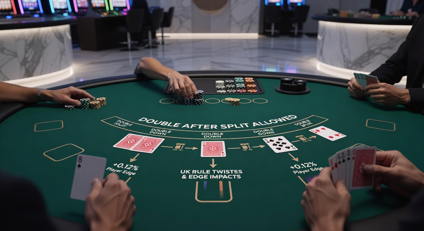 Infographic breaking down house edge changes with and without DAS on various UK blackjack rule combinations, featuring charts and comparison tables