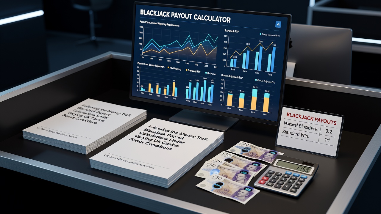 Blackjack table with payout charts and bonus terms overlaid showing calculation flows