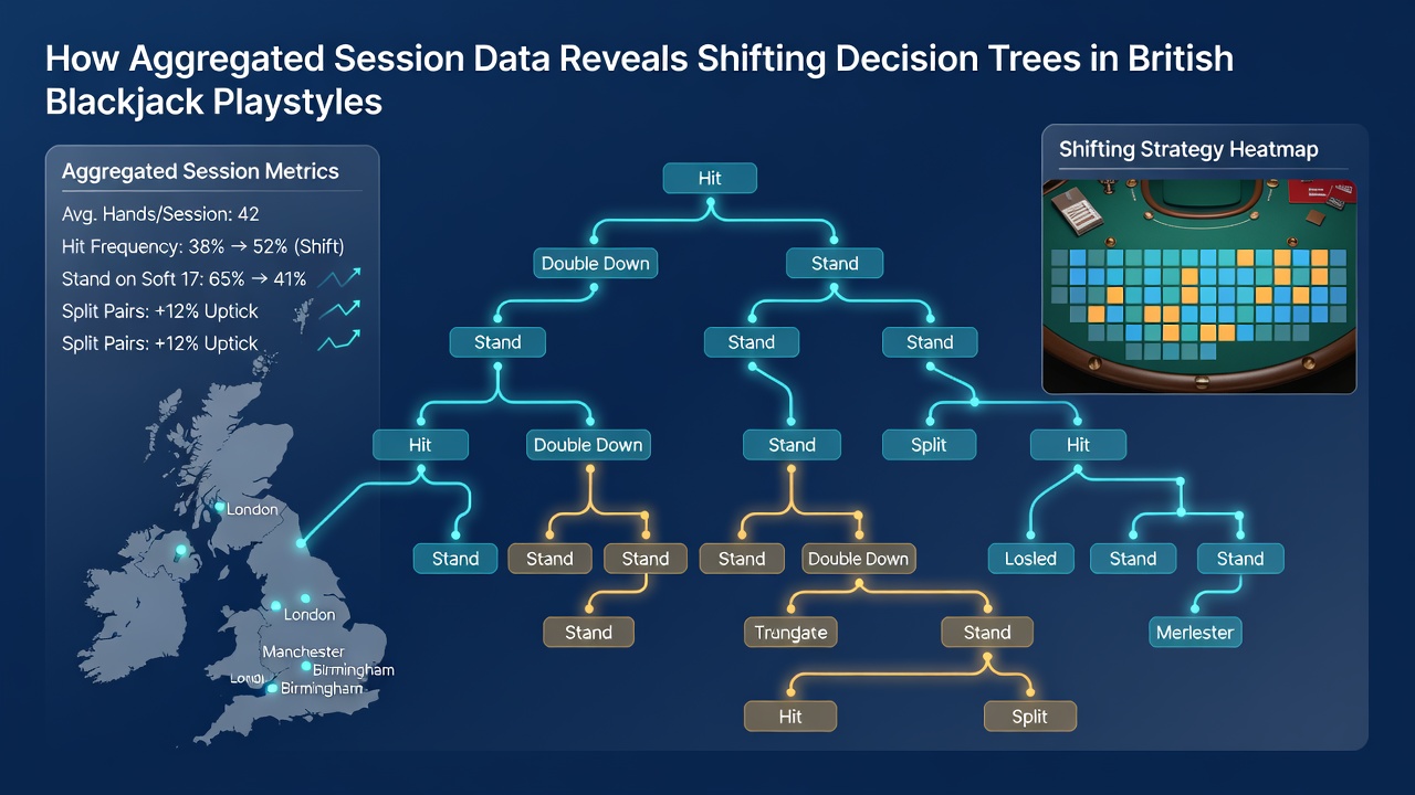 Visual comparison of decision trees from aggregated British blackjack session records