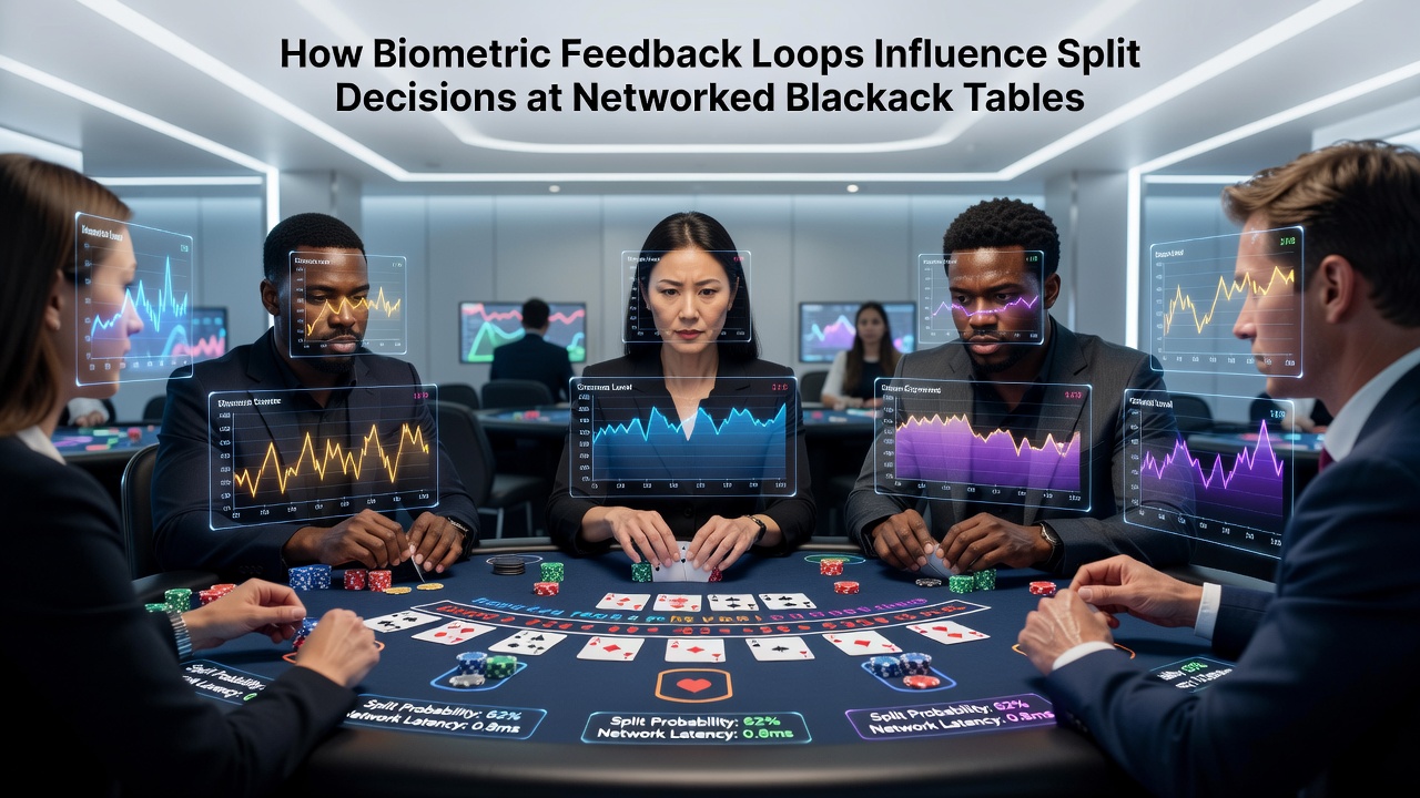 Networked blackjack table with biometric sensors monitoring player vitals during split decisions