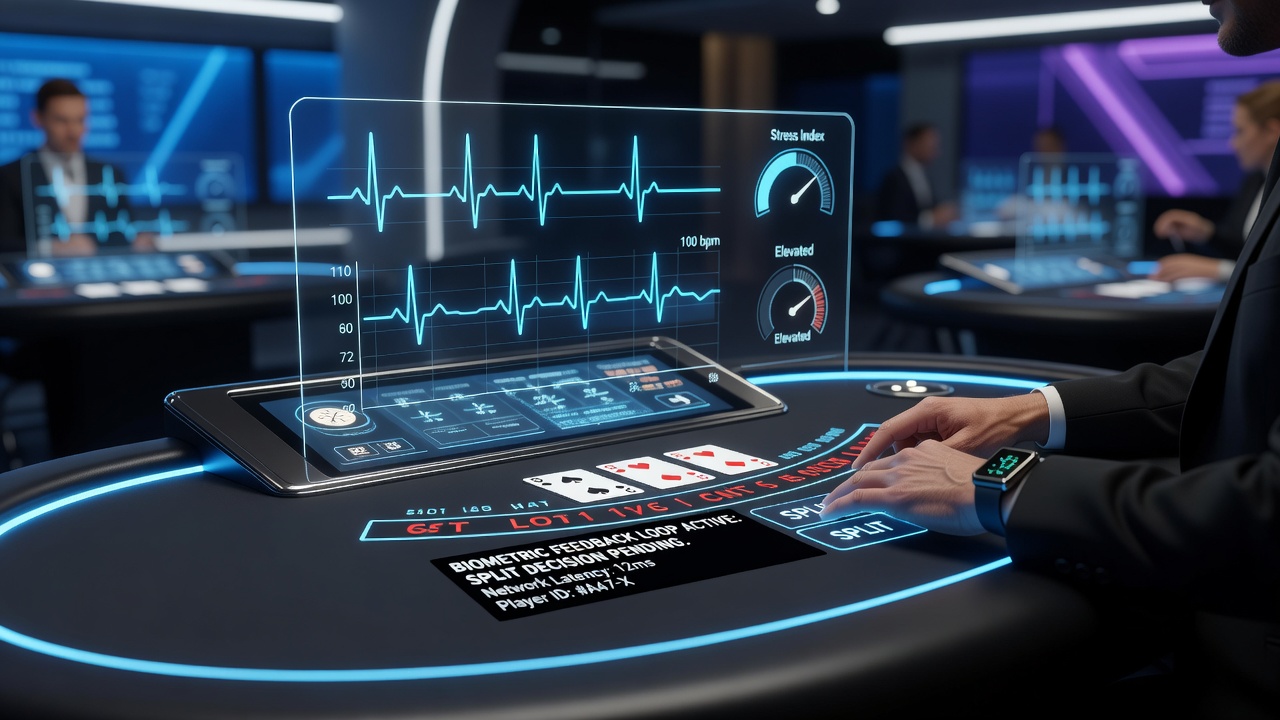 Close-up of biometric wristband and table interface displaying real-time feedback during a split decision