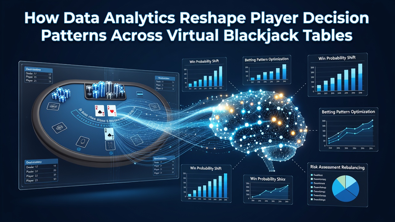 Virtual blackjack table interface displaying real-time analytics overlays and player decision prompts