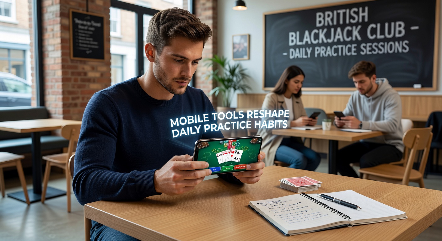 British blackjack players using mobile apps for strategy practice on smartphones and tablets in various daily settings