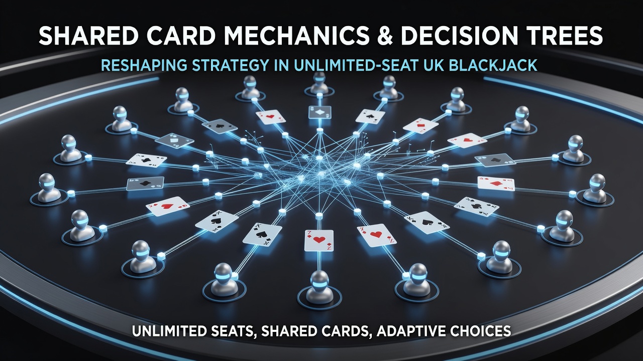 Diagram showing shared card layout in unlimited seat blackjack with multiple player positions around a common hand
