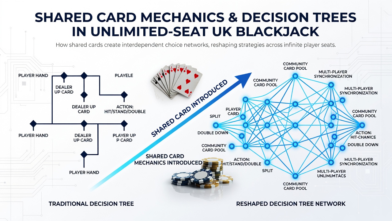 Flowchart illustrating modified decision branches for shared card blackjack including split and double paths