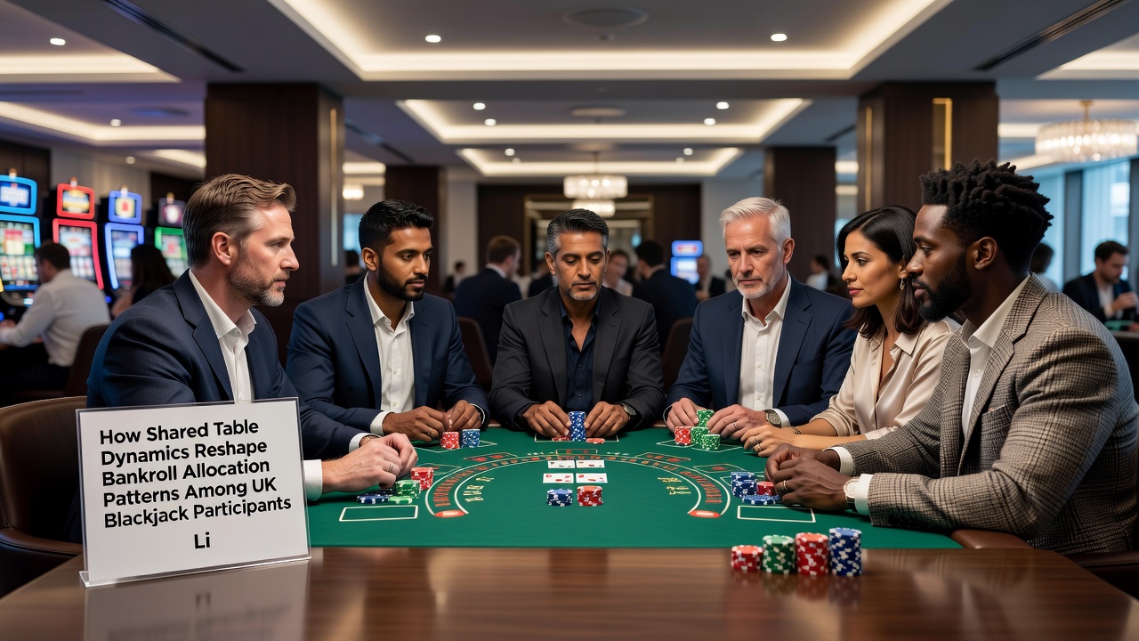 Close-up view of chips and cards at a crowded UK live blackjack table showing varied bet placements