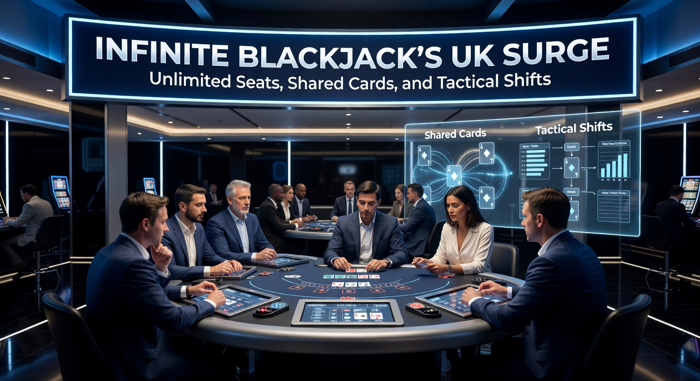 Vibrant Infinite Blackjack live table showing dealer and digital player interfaces sharing the same cards, highlighting unlimited seating capacity