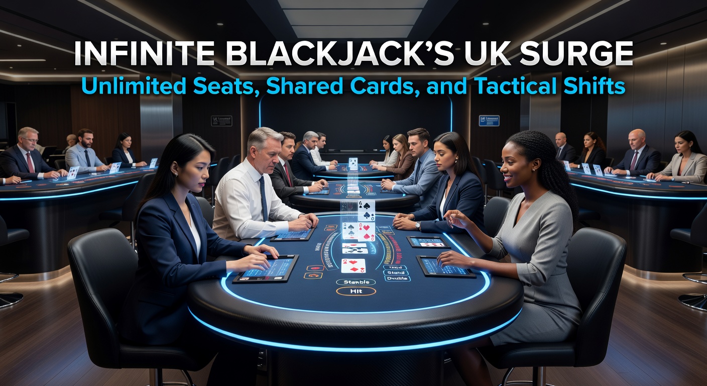 Close-up of digital Infinite Blackjack interface displaying shared dealer cards, player bet options, and chat overlay during a high-stakes hand