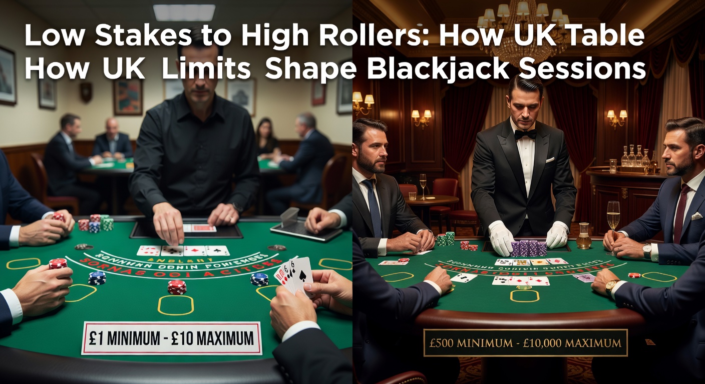 A blackjack table in a bustling UK casino, showing chips stacked from small denominations to towering high-value piles, illustrating the spectrum of stakes available to players.