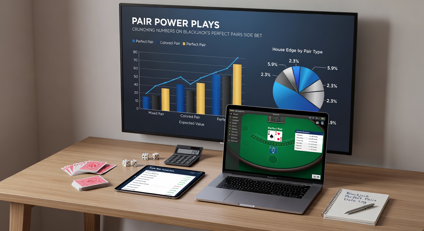 Digital simulation graph displaying Perfect Pairs payout probabilities and house edge curves across deck variations