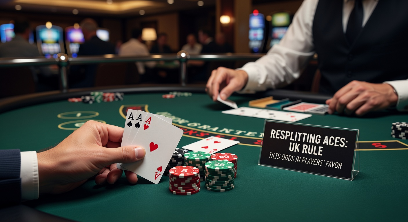 Blackjack table with aces being split multiple times, highlighting resplitting action in a UK casino setting