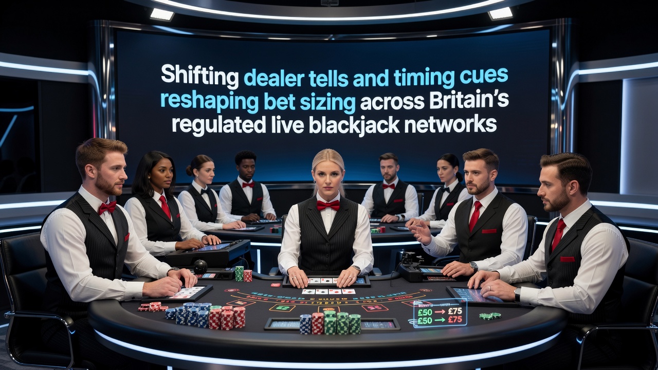 Live blackjack dealer interacting with players at a regulated British casino table