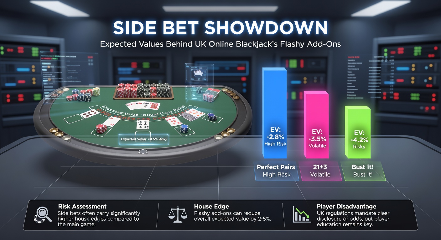 Close-up chart of side bet payout tables in online blackjack, highlighting expected value calculations with red house edge percentages and green player return bars