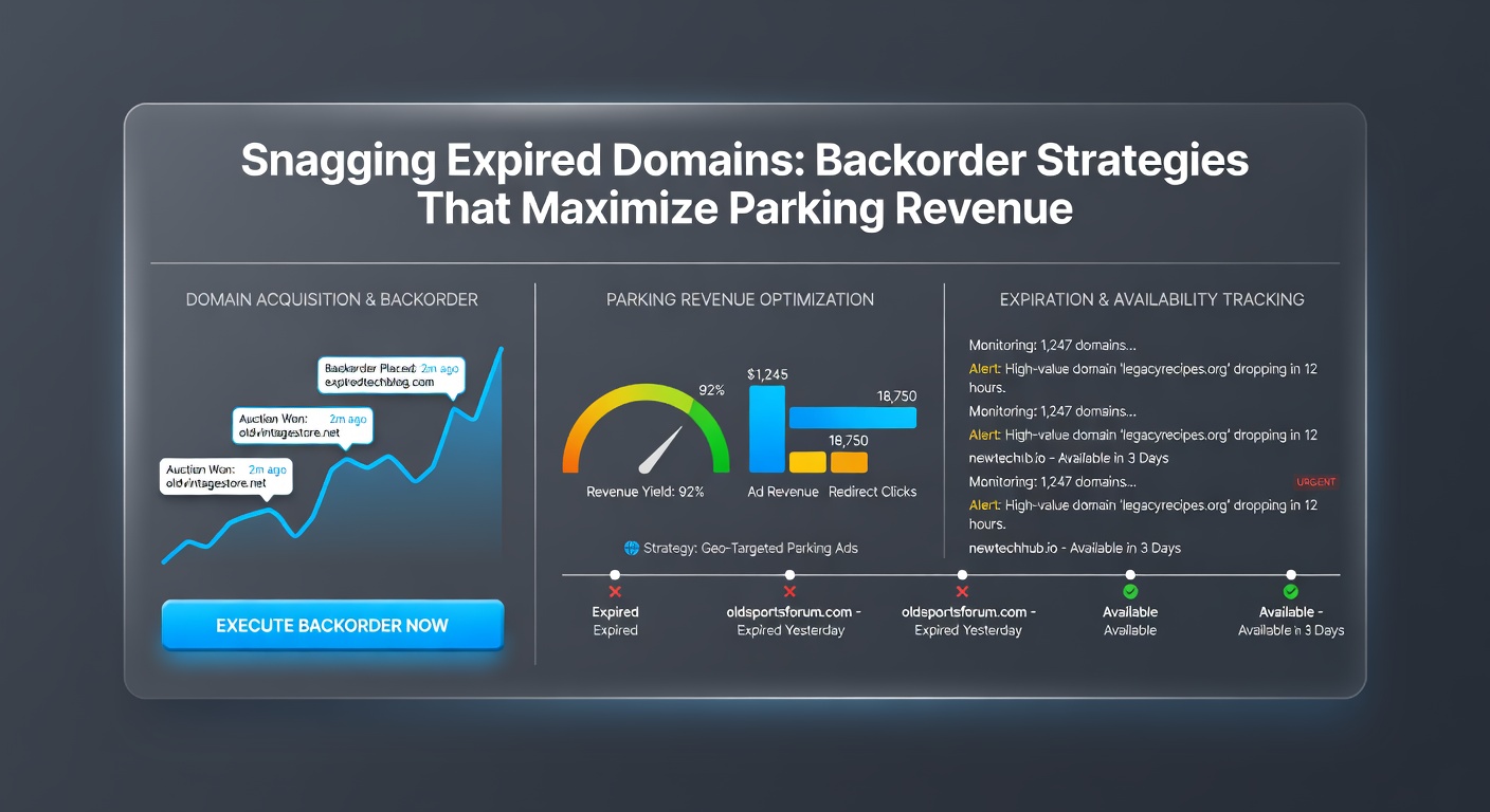 Screenshot of a domain backorder dashboard displaying multiple expired domains with metrics like traffic estimates and backorder bids