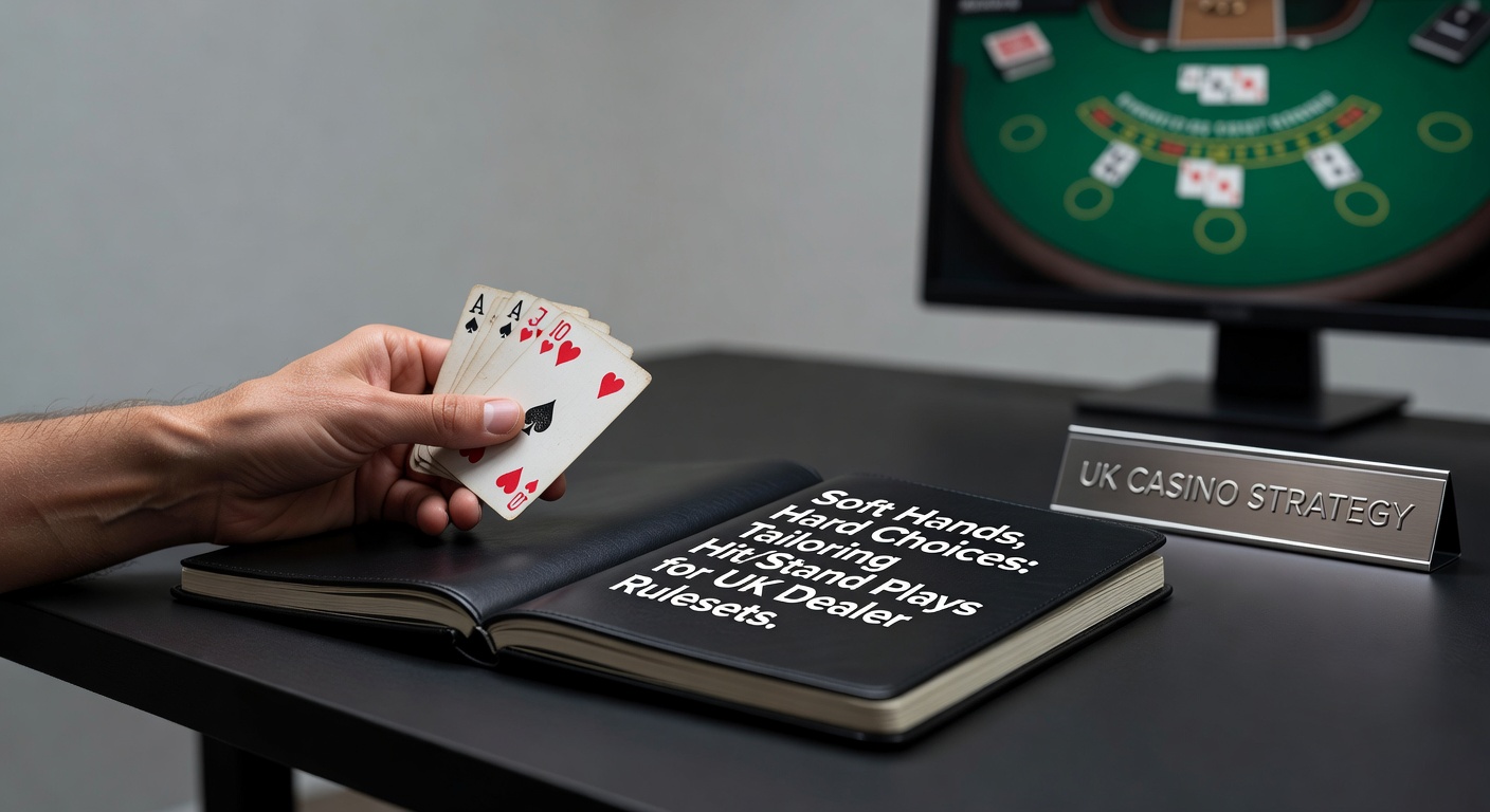 Close-up of a blackjack table displaying a soft 17 hand against a dealer's upcard, highlighting hit or stand decision under UK rules