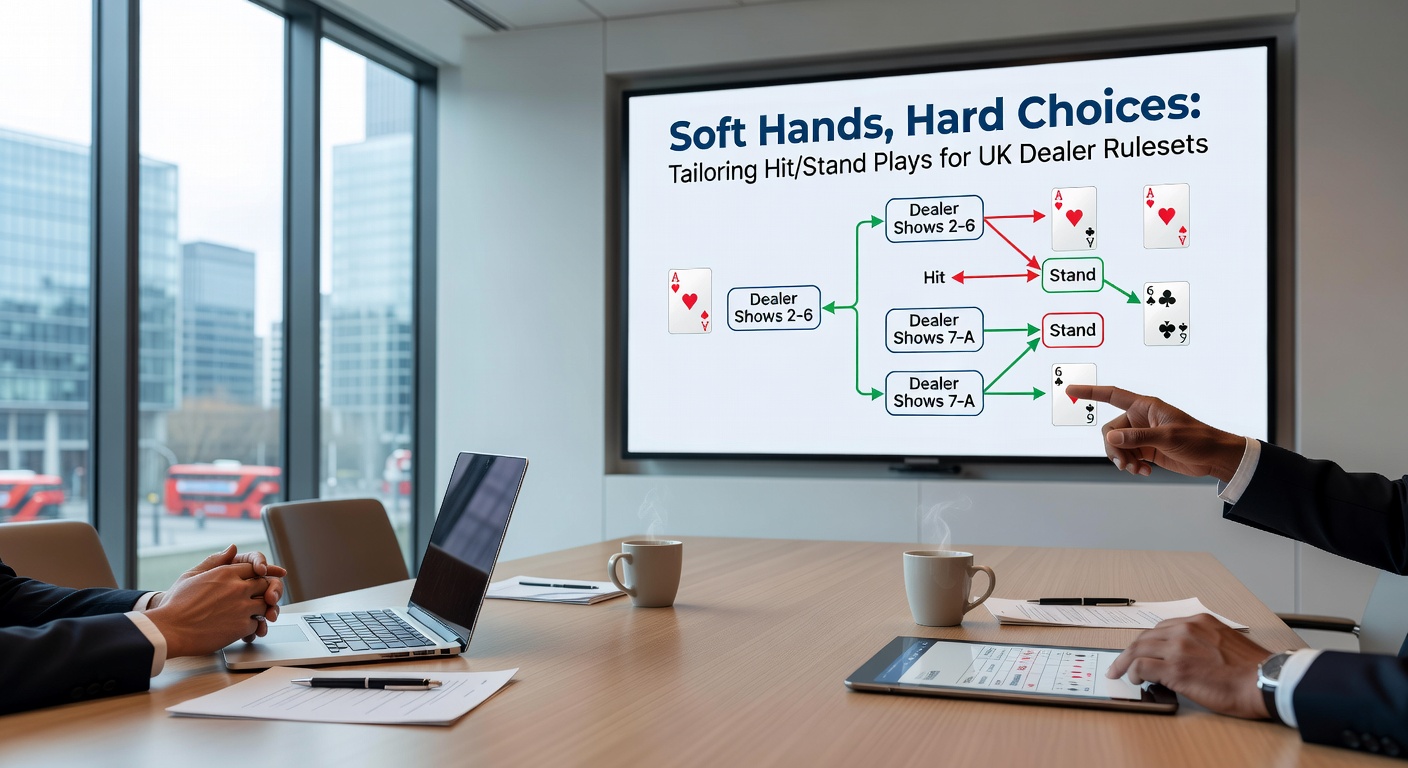 Strategy chart excerpt illustrating hit/stand decisions for soft hands under S17 UK rules, with dealer upcards highlighted
