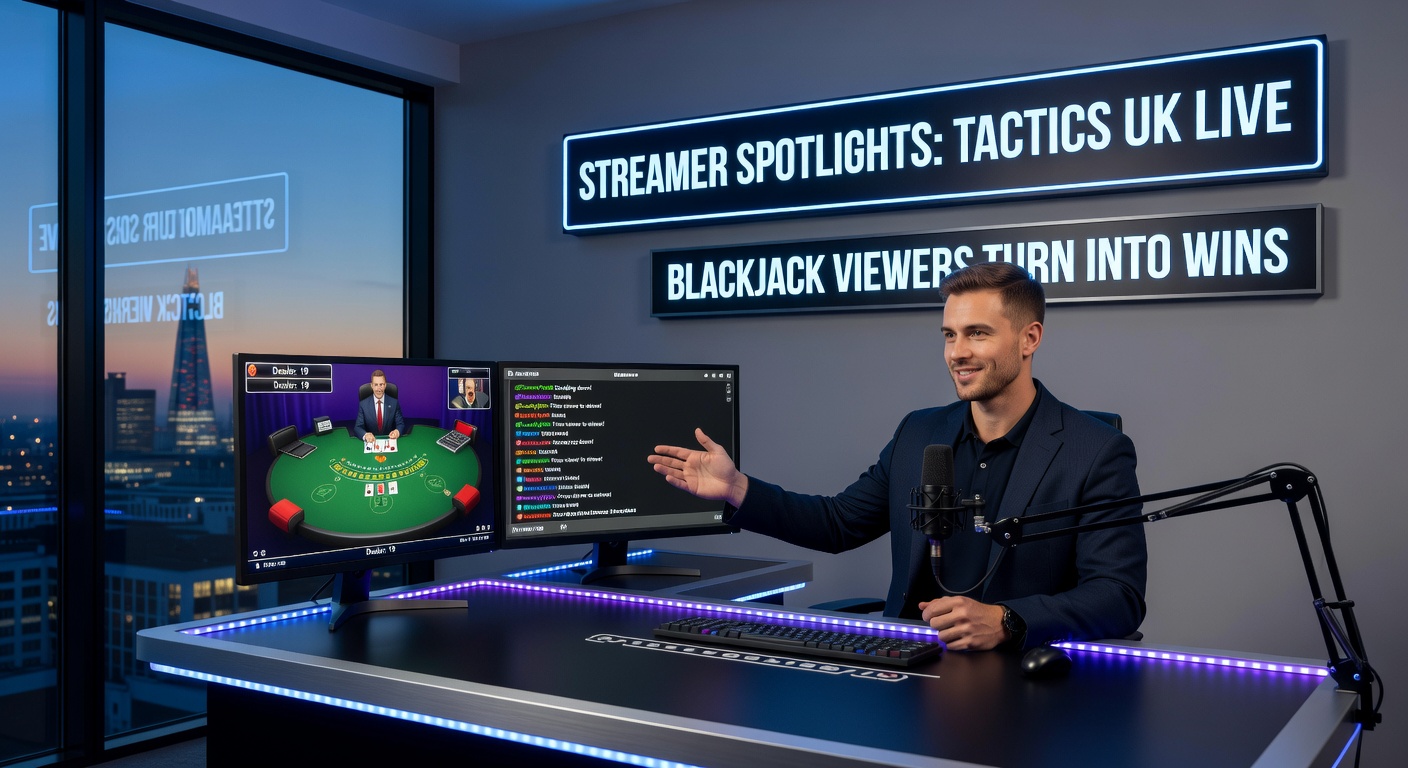 A dynamic live blackjack stream interface showing cards, chips, and viewer chat buzzing with strategy tips