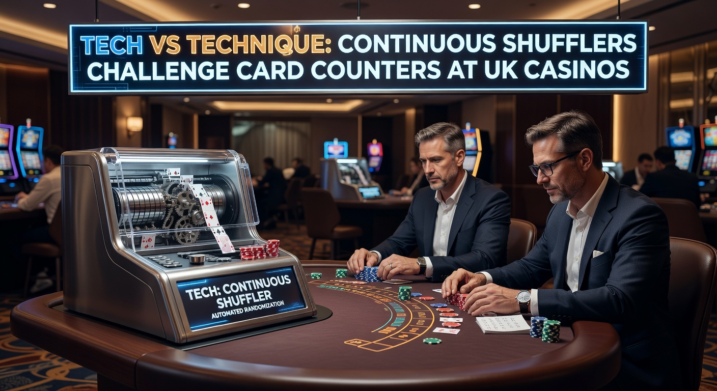 A modern continuous shuffling machine in action at a bustling UK casino blackjack table, cards flying through slots as dealers manage the flow