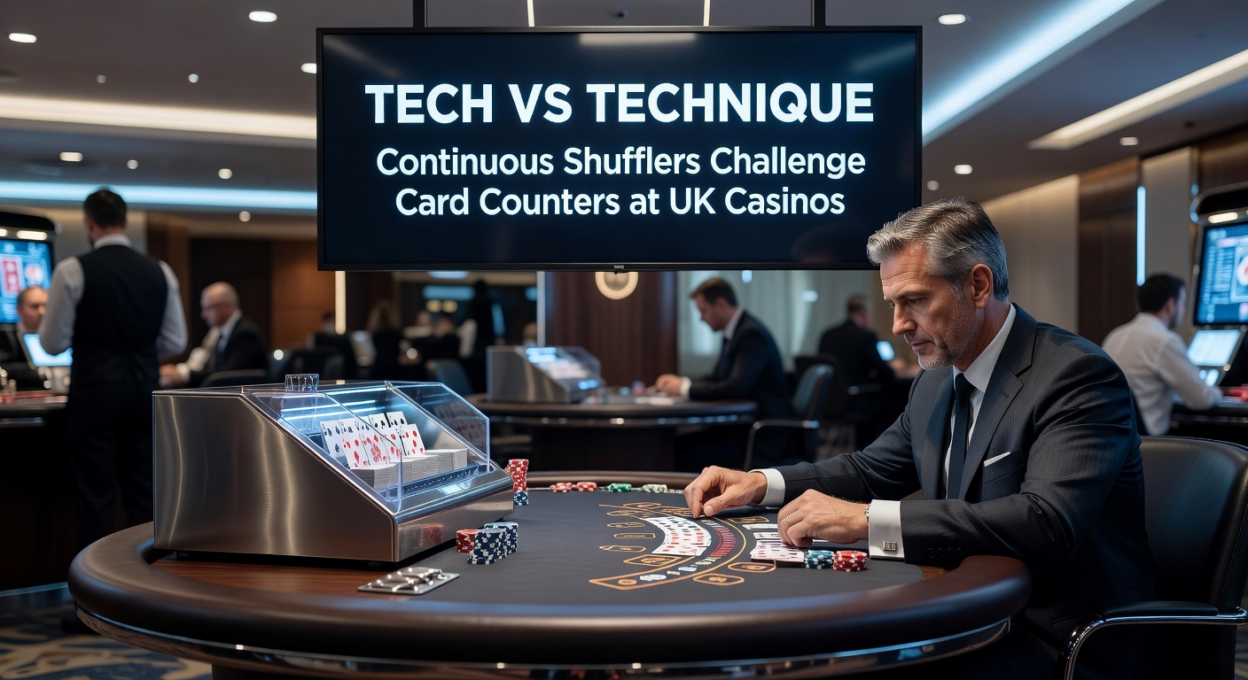Close-up of cards being inserted into a continuous shuffler at a UK casino, dealer hand visible amid the mechanical whir