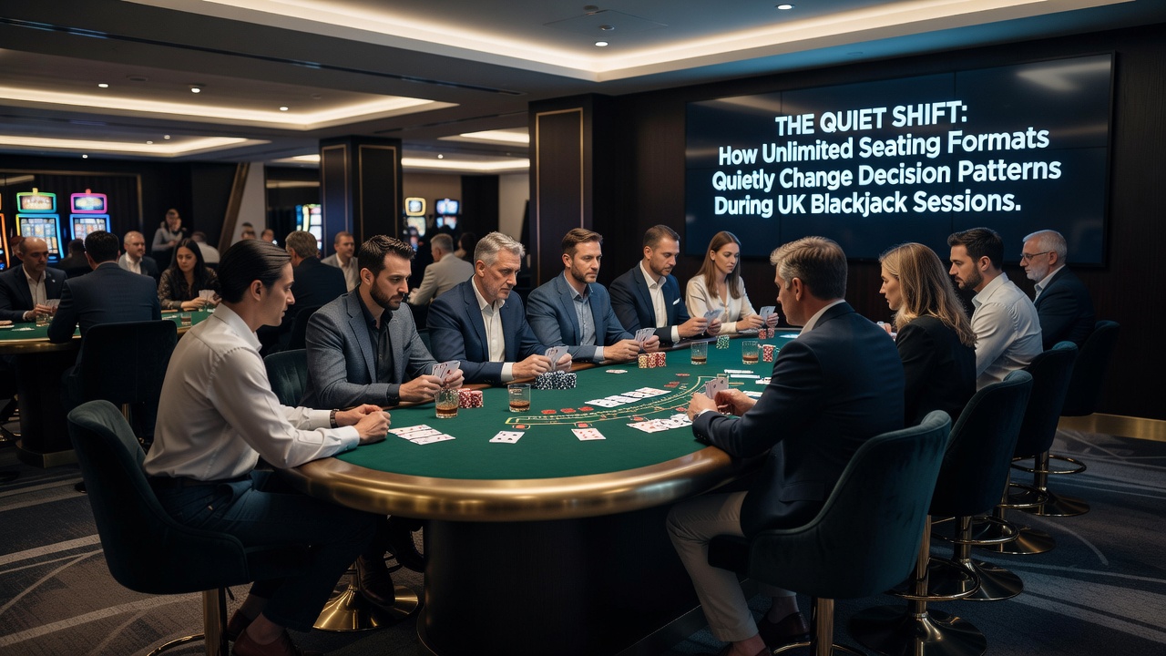 UK blackjack table with unlimited seating format showing multiple player positions and shared card layout