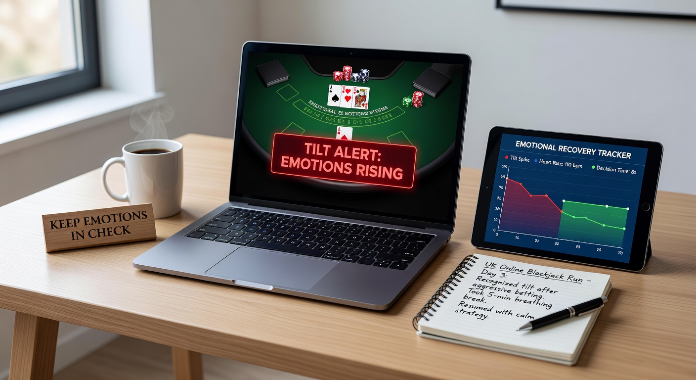 A focused player at a UK online blackjack interface, hands hovering over the bet slider during a tense hand, screen reflecting streaks of wins and losses