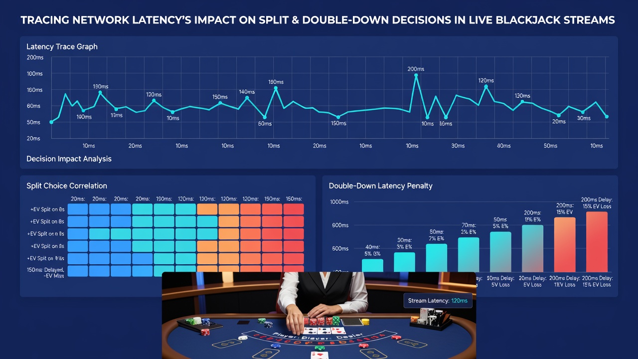 Network latency graph overlaid on a live blackjack betting interface illustrating decision timing shifts