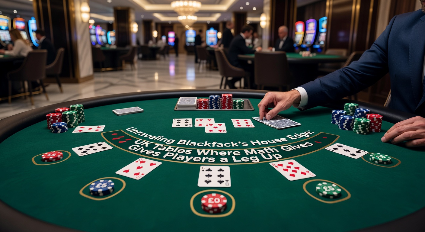 Close-up of a blackjack table in a UK casino, showing dealt cards, chips stacked neatly, and a dealer's upcard, highlighting the mathematical edge in play