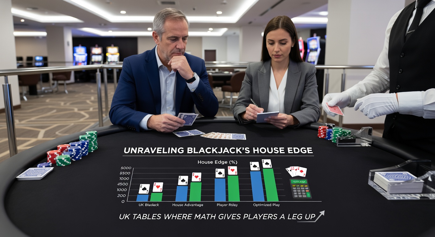 Digital simulation graph of blackjack house edge curves across various UK rule variations, with lines dipping low on optimal player strategy plays