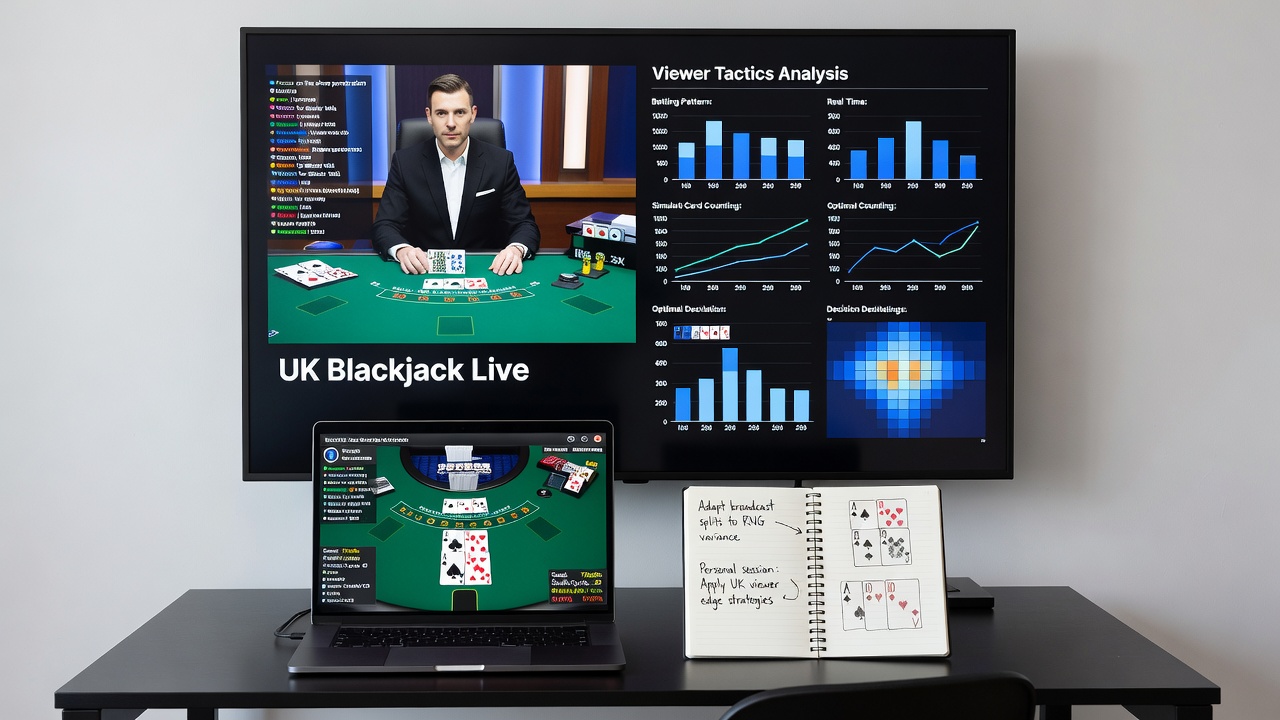 Player reviewing RNG blackjack session statistics on a mobile device after watching UK live streams